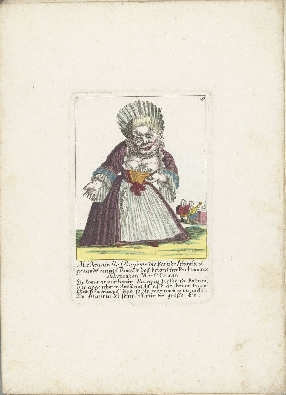 De dwerg Mademoiselle Poupon, als Parijse schone, ca. 1710 door Martin Engelbrecht (attributed to)