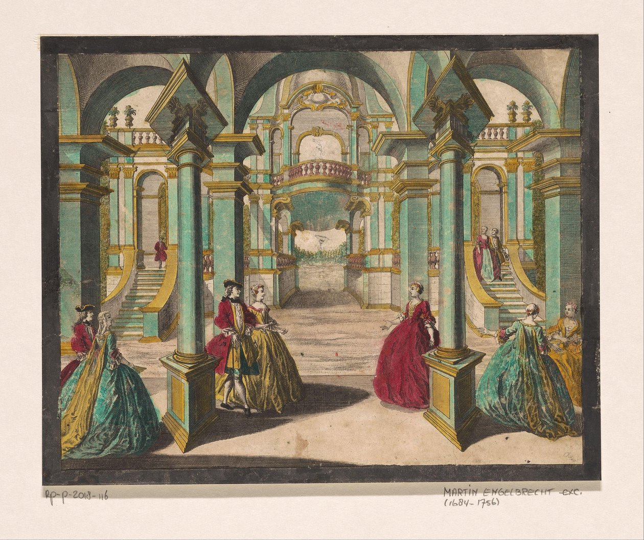 Gezicht op het interieur van een paleis, met verscheidene rijk geklede dames en heren door Martin Engelbrecht