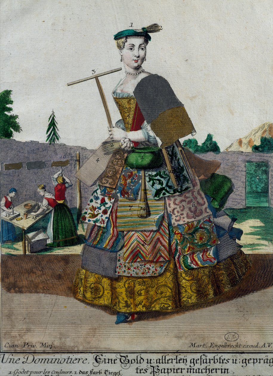 Fabrikant van gekleurd papier, gravure uit Assemblage des nouveau manouvries habilles door Martin Engelbrecht