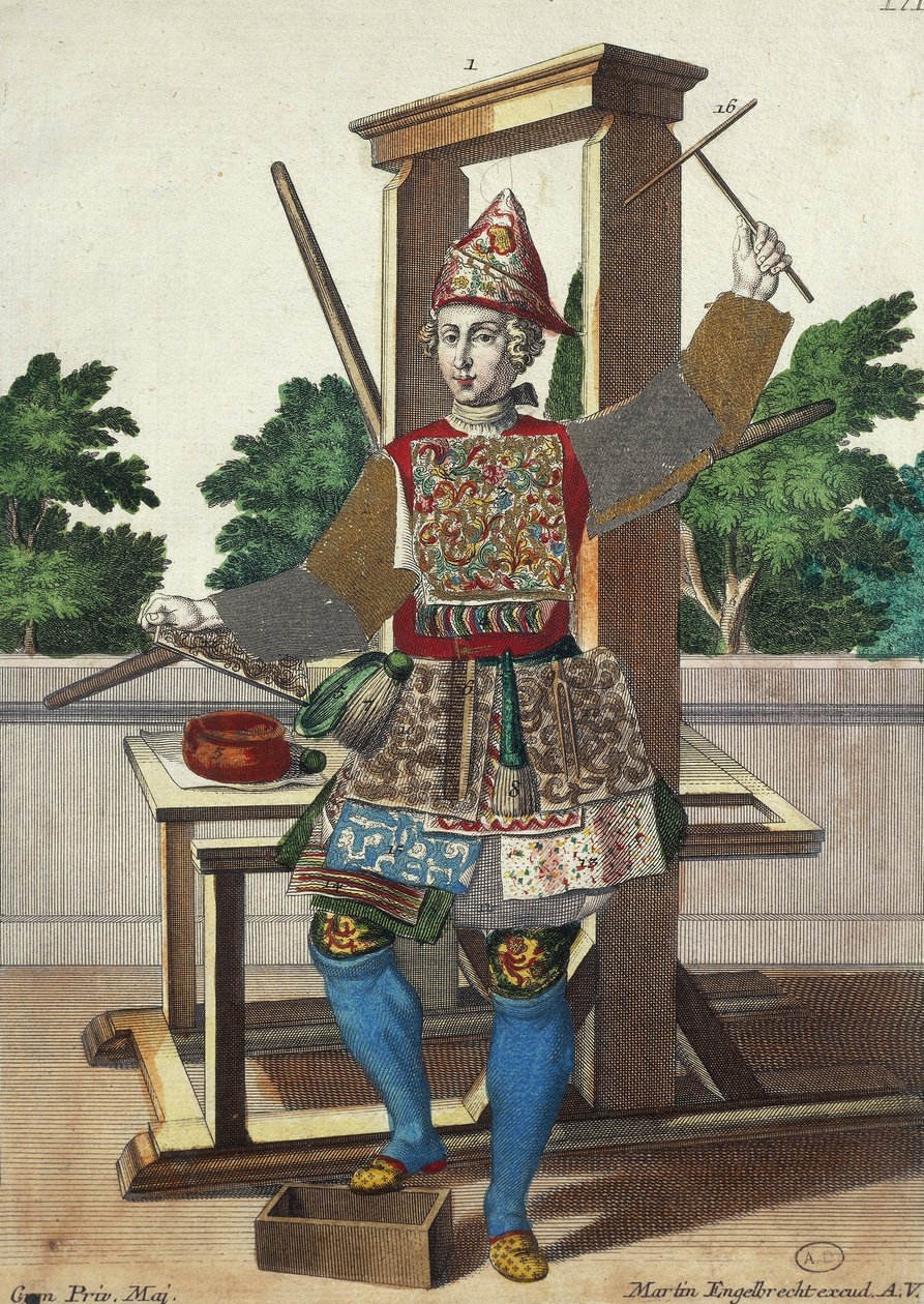 Fabrikant van gekleurd papier, gravure uit Assemblage des nouveau manouvries habilles door Martin Engelbrecht, Duitsland door Martin Engelbrecht