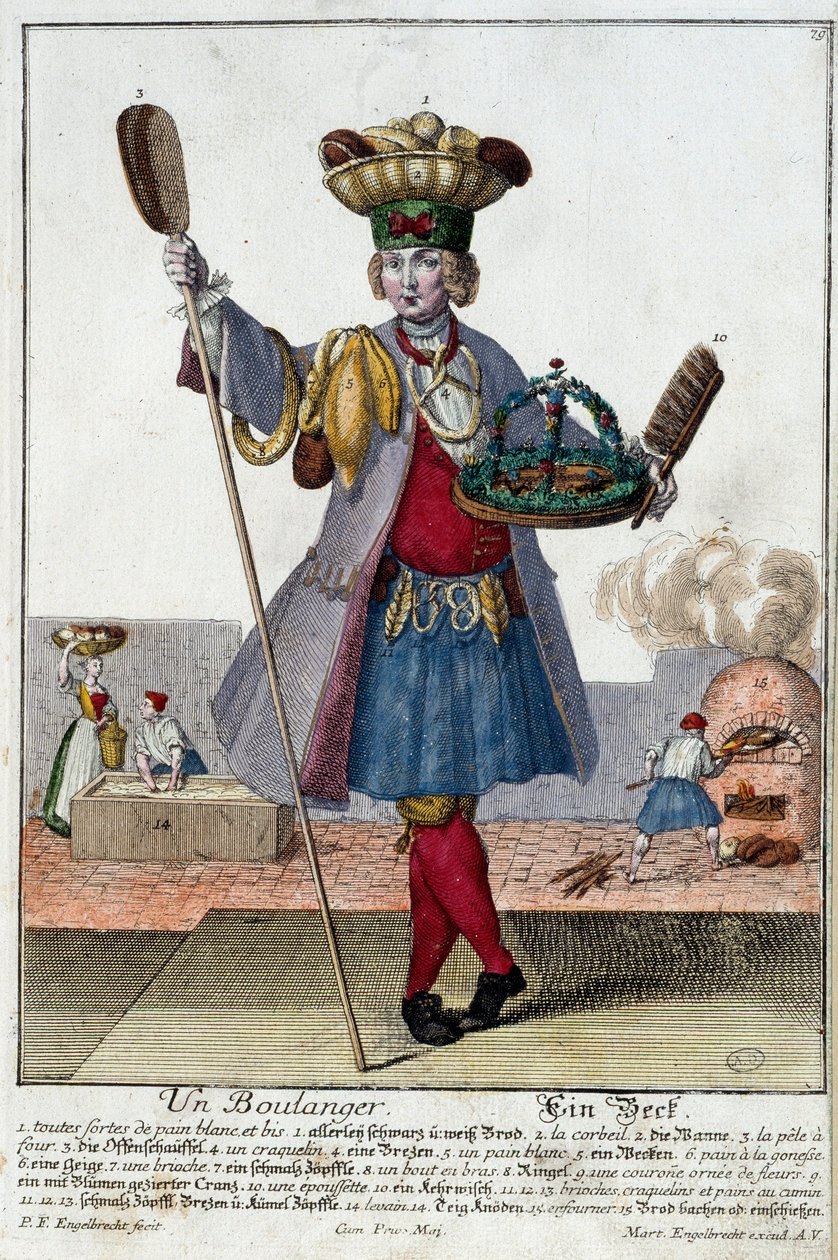 Beroep: Een bakker. Gravure door Martin Engelbrecht (1684-1756), in Nieuwe verzameling van de manouvries habilles 18e eeuw, Duitsland. Parijs, Decoratieve Kunsten door Martin Engelbrecht