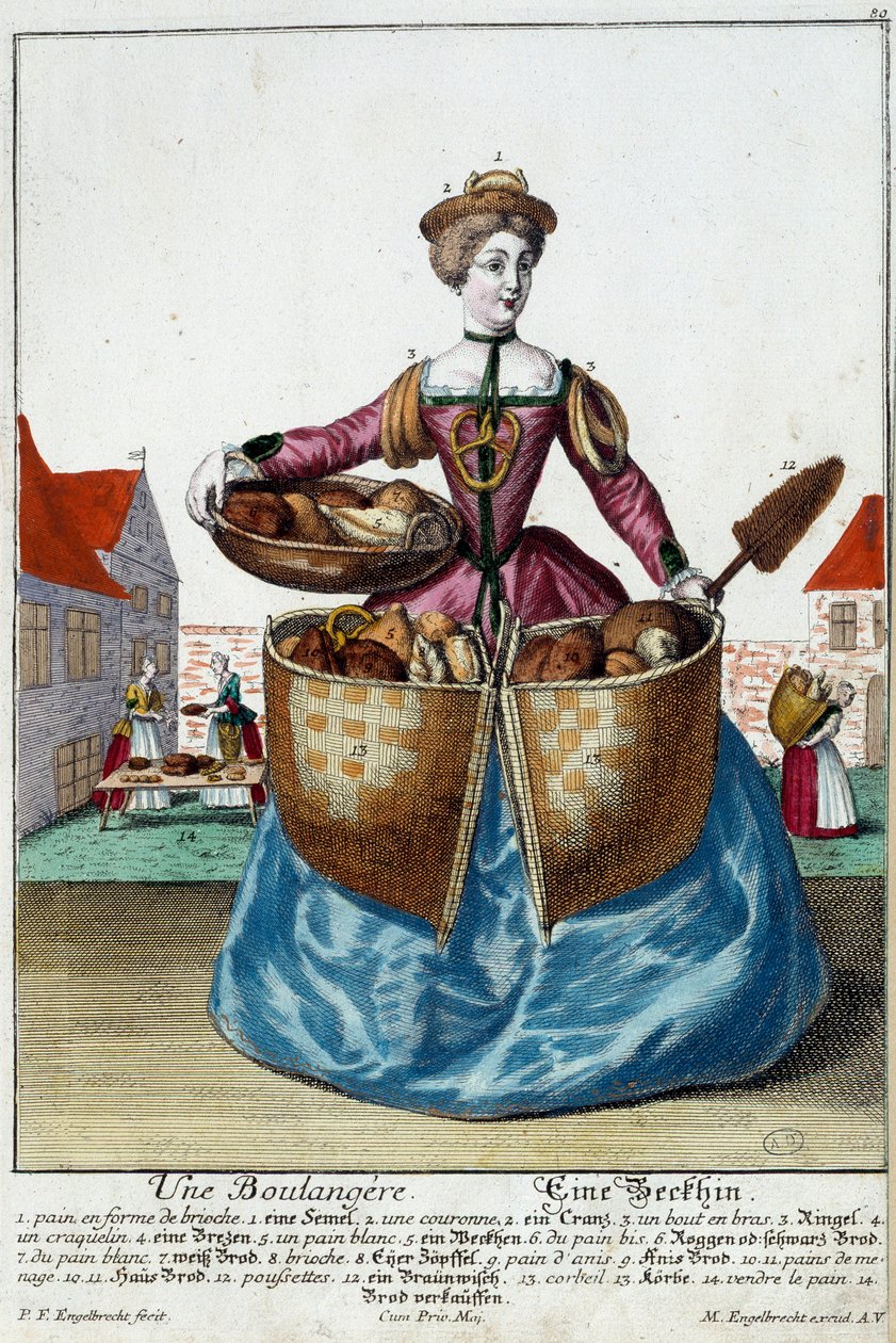 Beroep: Een bakker. Gravure door Martin Engelbrecht (1684-1756), in "Nieuwe verzameling van de geklede handwerkslieden" 18e eeuw, Duitsland. Parijs, Decoratieve Kunsten door Martin Engelbrecht