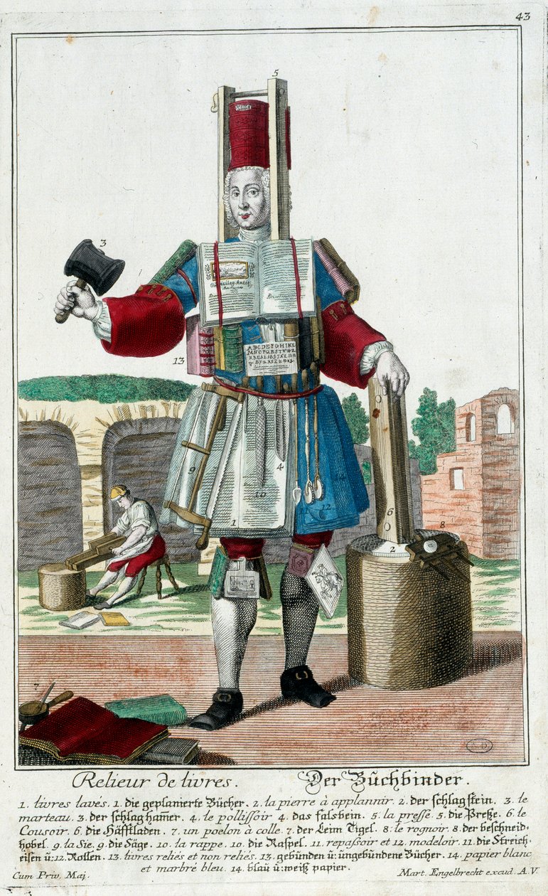 Beroep: Een boekbinder. Gravure door Martin Engelbrecht (1684-1756), in "Nieuwe verzameling van de geklede handwerkslieden" 18e eeuw, Duitsland. Parijs, Decoratieve Kunsten door Martin Engelbrecht