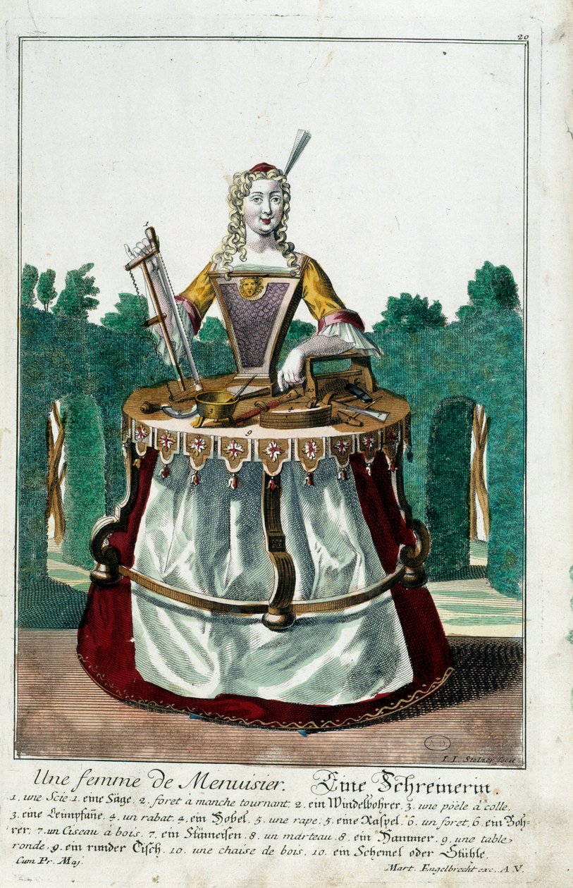 Beroep: De vrouw van een timmerman. Gravure door Martin Engelbrecht, in 