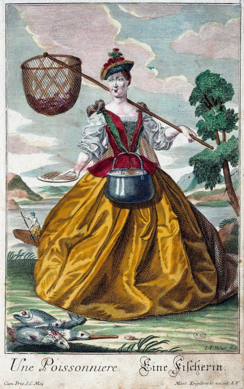 Beroep: Een vis. Gravure door Martin Engelbrecht (1684-1756), in "Nieuwe verzameling van de geklede handwerkslieden" 18e eeuw, Duitsland. Parijs, Decoratieve Kunsten door Martin Engelbrecht