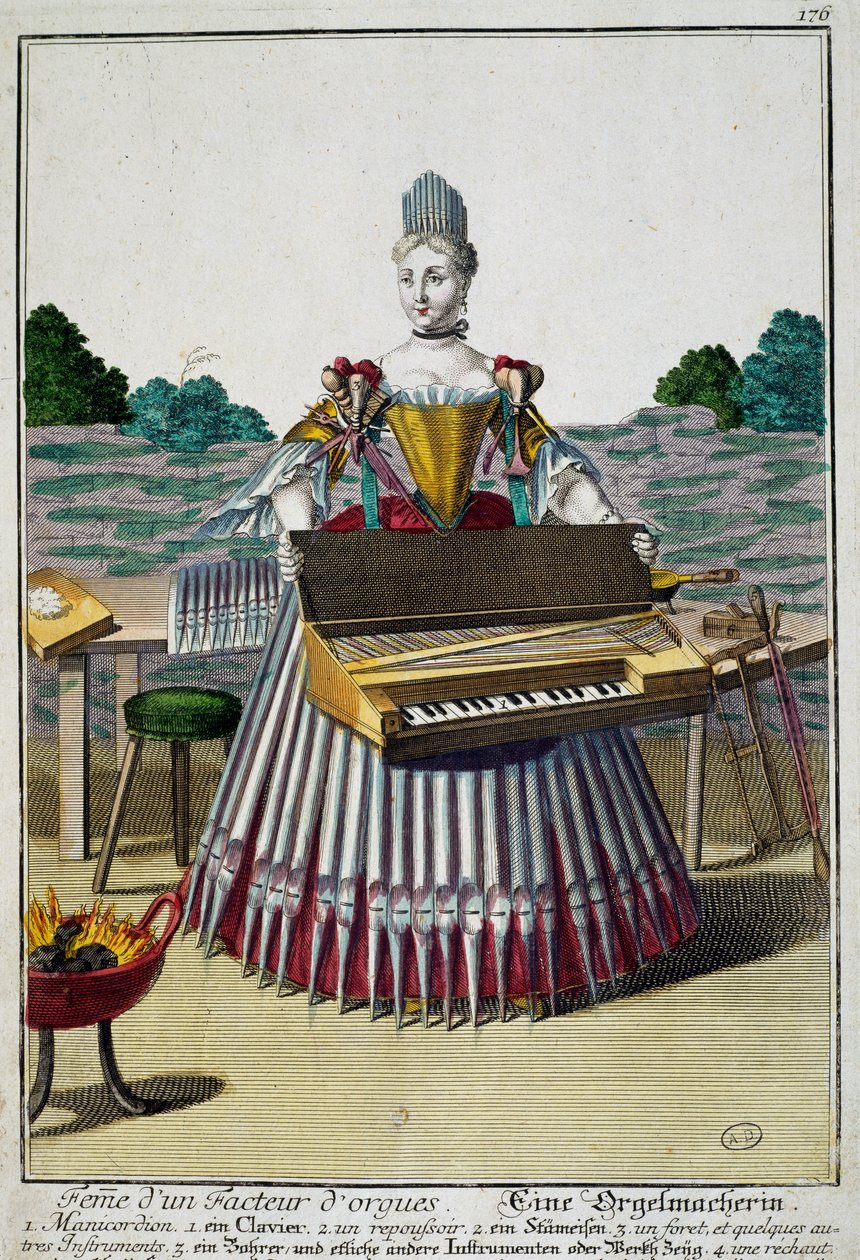 Vrouw van de orgelmaker, gravure uit Assemblage des nouveau manouvries habilles door Martin Engelbrecht (1684-1756), Duitsland door Martin Engelbrecht