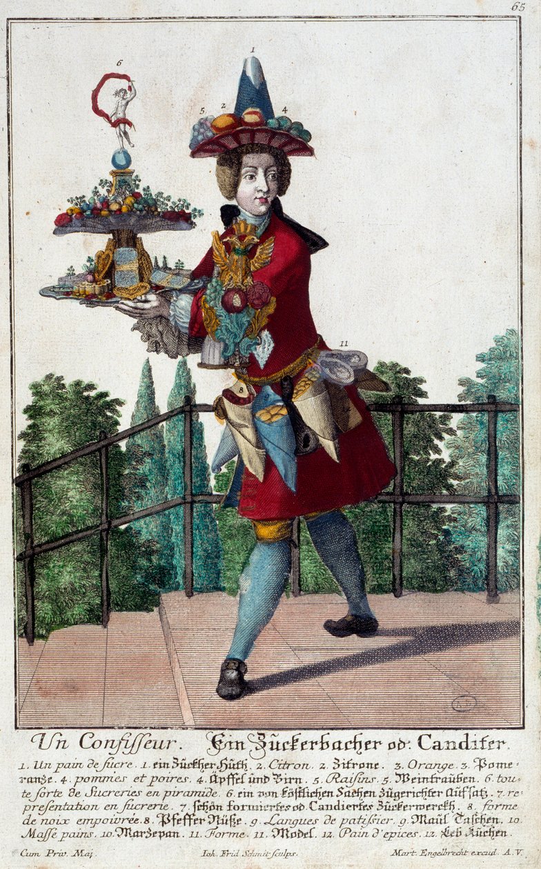 De banketbakker: een jonge man met een dienblad met snoep en banket. Gravure door Martin Engelbrecht (1684-1756) 18e eeuw. Parijs, Decoratieve Kunsten door Martin Engelbrecht