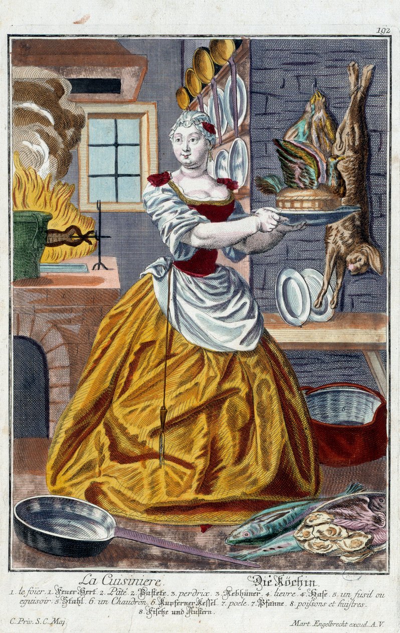 De kok. Gravure door Martin Engelbrecht (1684-1756), in Nieuwe verzameling van de manouvries habilles 18e eeuw, Duitsland. Parijs, Decoratieve Kunsten door Martin Engelbrecht