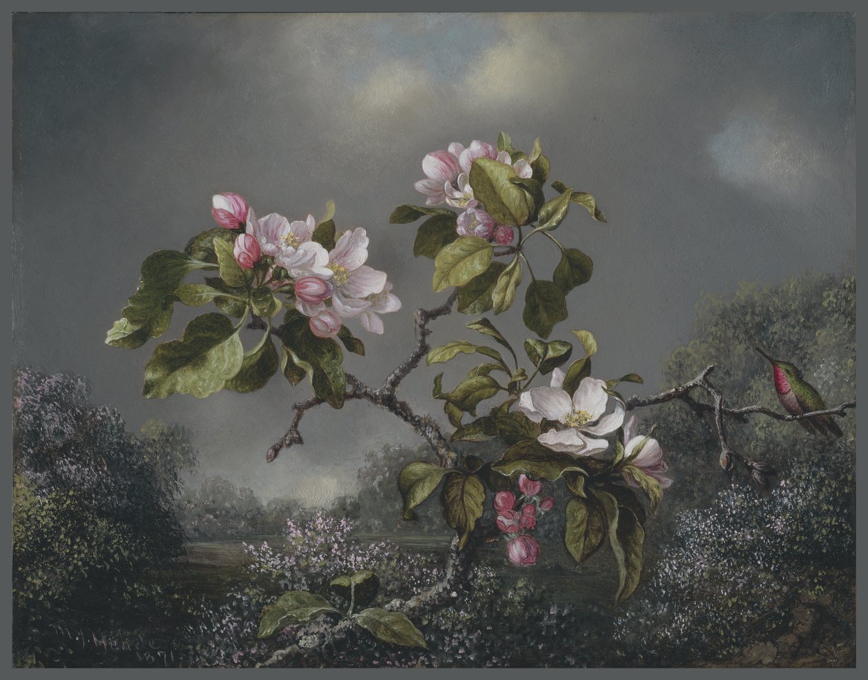 Appelbloesems en kolibrie, 1871 door Martin Johnson Heade