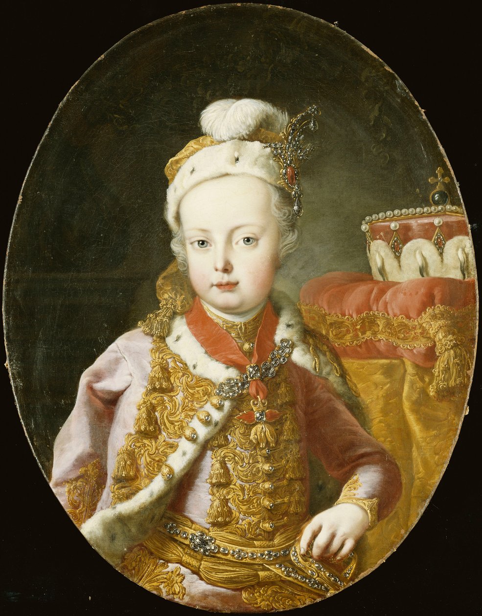 Portret van Aartshertog Jozef, Later Keizer Jozef II van Oostenrijk, Halve Lengte, in een Goud Geborduurde Roze Fluwelen Jas met Hermelijnen Rand, een Gevederde Hoed Versierd met een Broche en het Draagkruis van de Orde van het Gulden Vlies door Martin Meytens the Younger