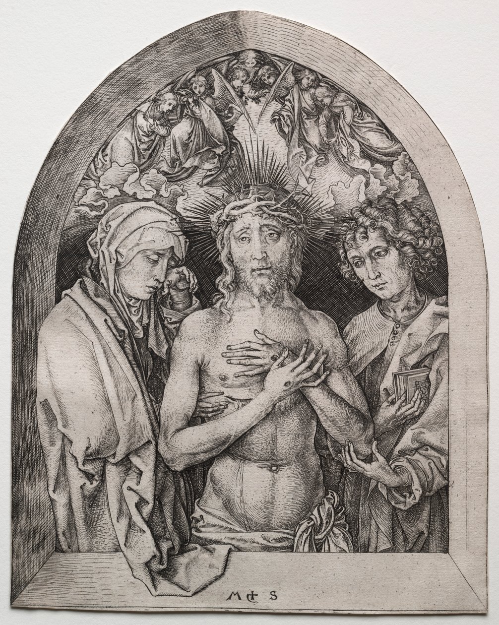 Christus als de Man van Smarten tussen de Maagd en St. Johannes door Martin Schongauer