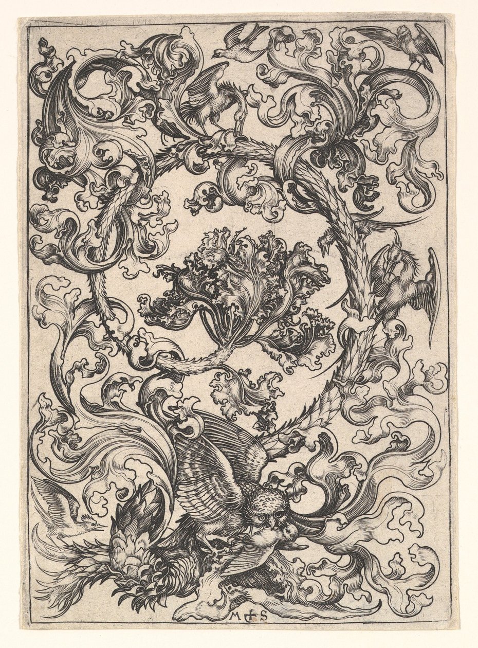 Ornament met uil bespot door dagvogels door Martin Schongauer