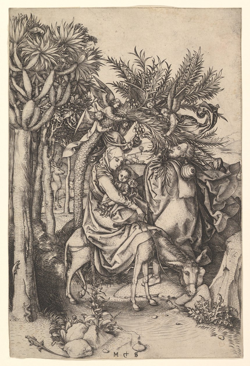 Rust tijdens de Vlucht naar Egypte, ca. 1435-1491 door Martin Schongauer