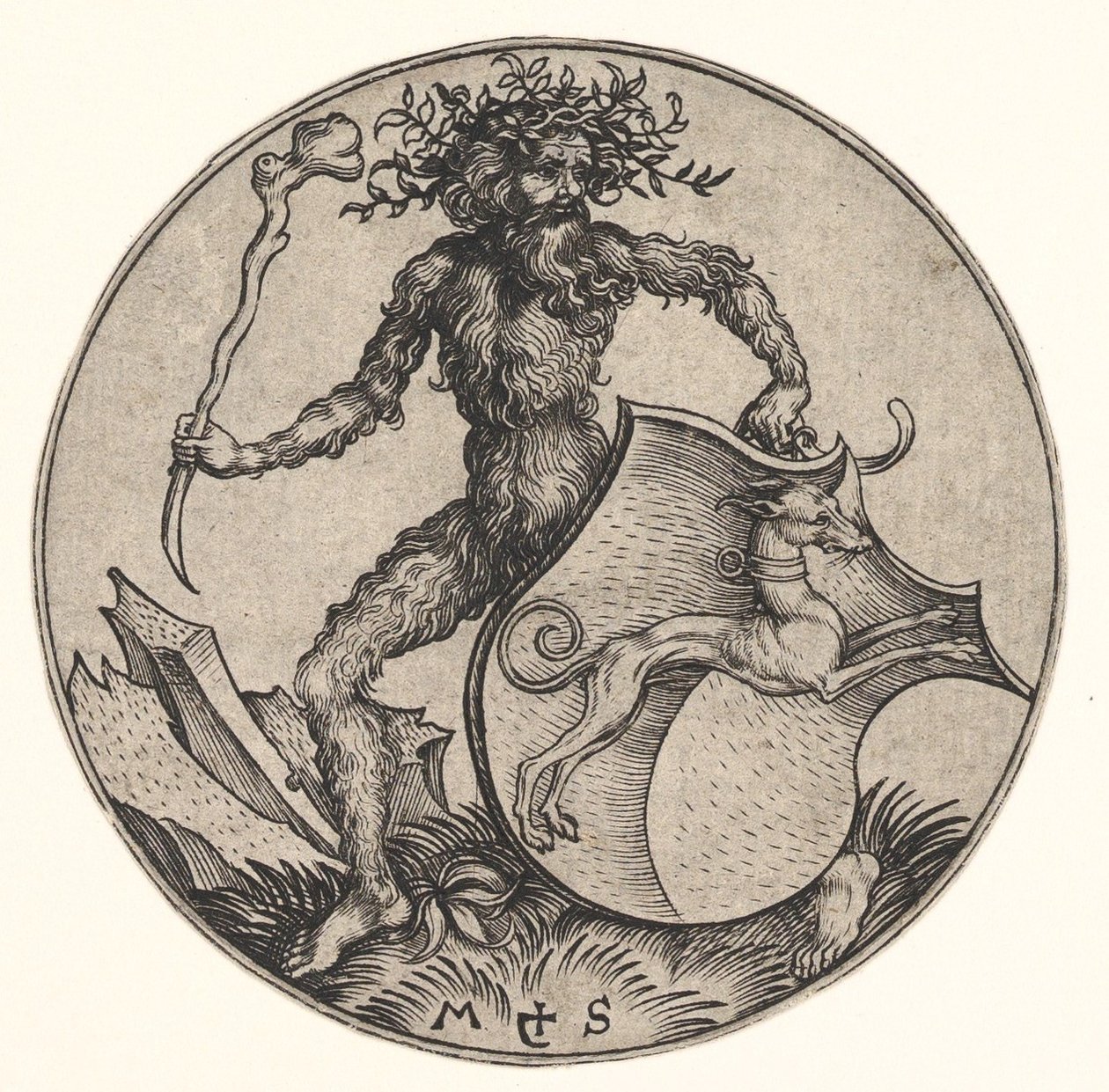 Schild met windhond vastgehouden door wilde man, ca. 1435-1491 door Martin Schongauer