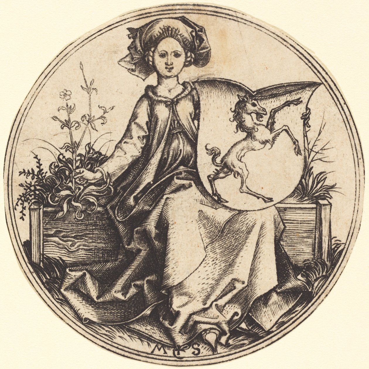 Schild met Eenhoorn, Gehouden door Vrouw door Martin Schongauer