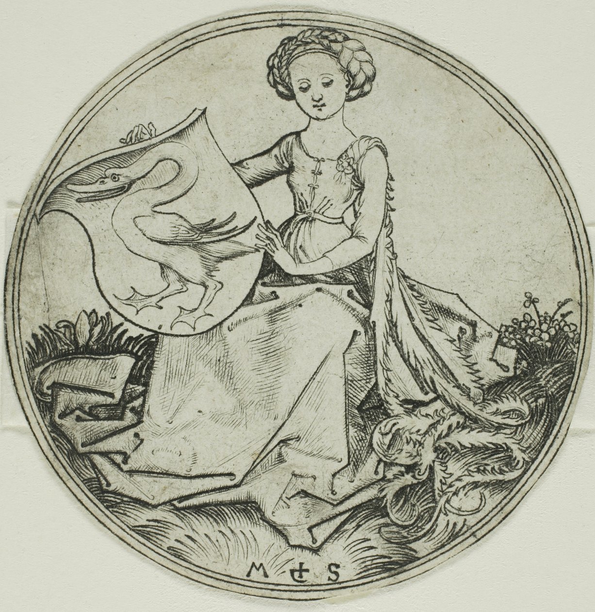 Schild met een zwaan, vastgehouden door een zittende dame door Martin Schongauer