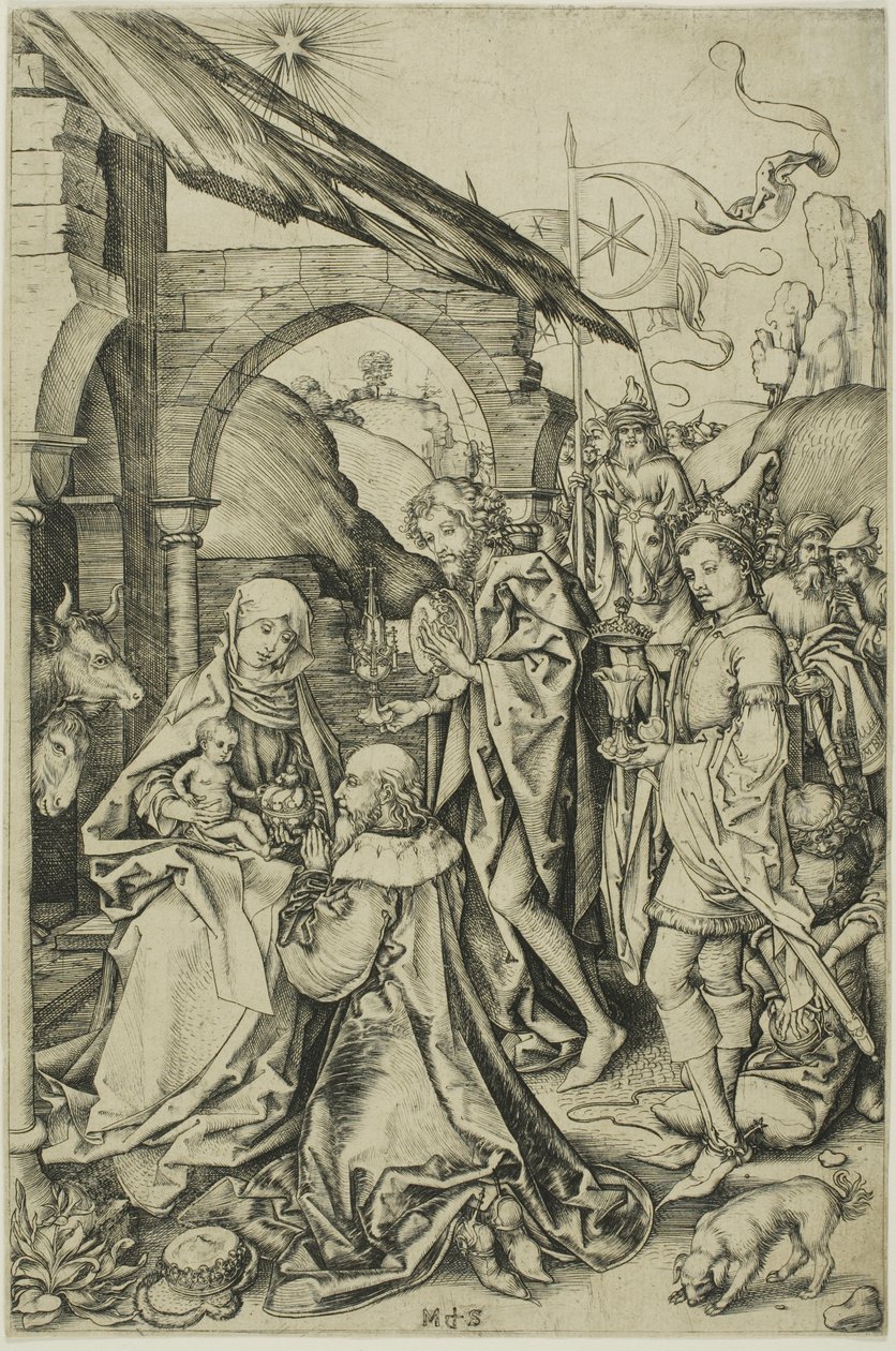 De Aanbidding der Wijzen, uit Het Leven van Christus door Martin Schongauer