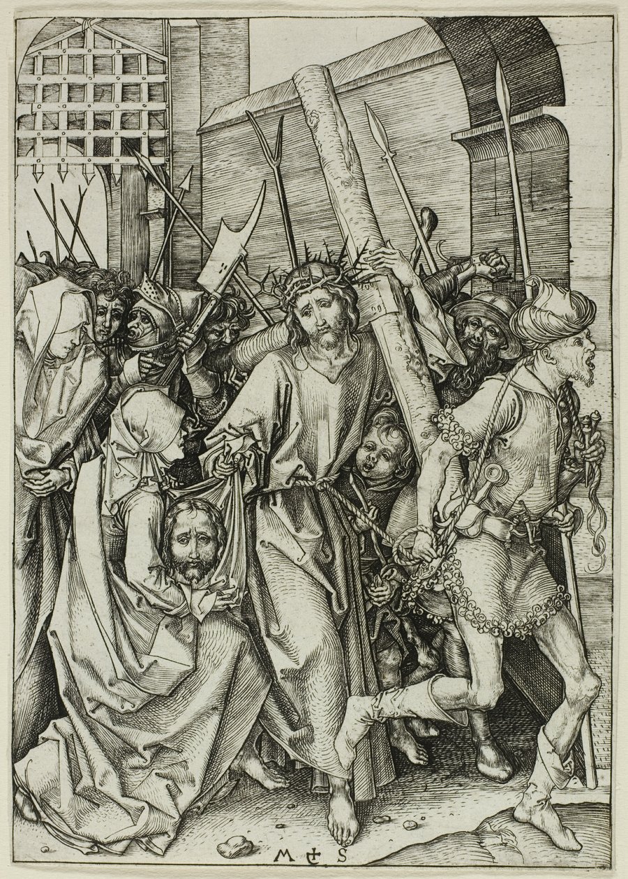 Het dragen van het kruis, uit De Passie door Martin Schongauer