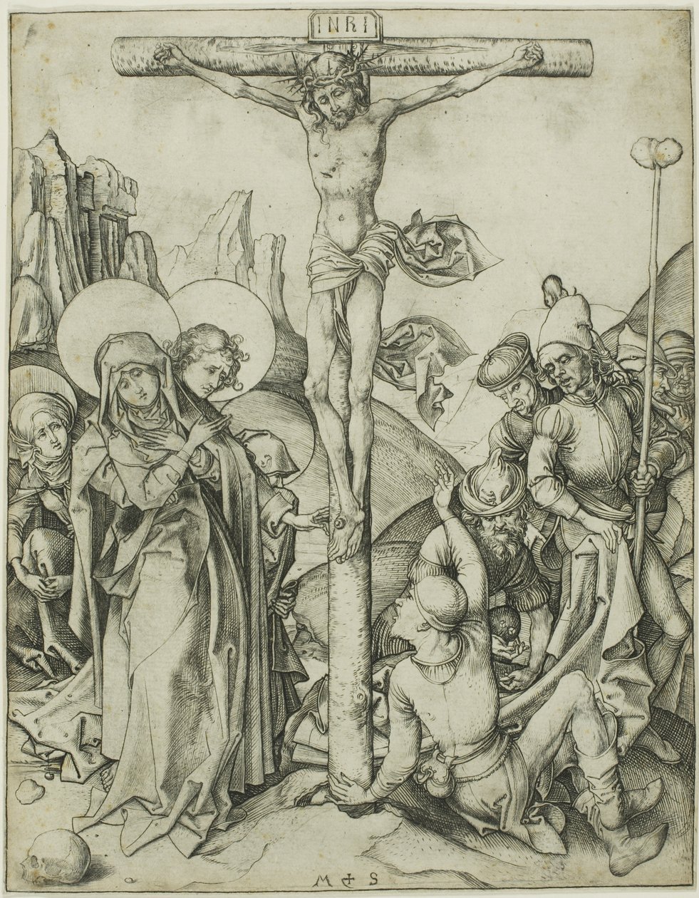 De kruisiging met de heilige vrouwen, Johannes en Romeinse soldaten door Martin Schongauer