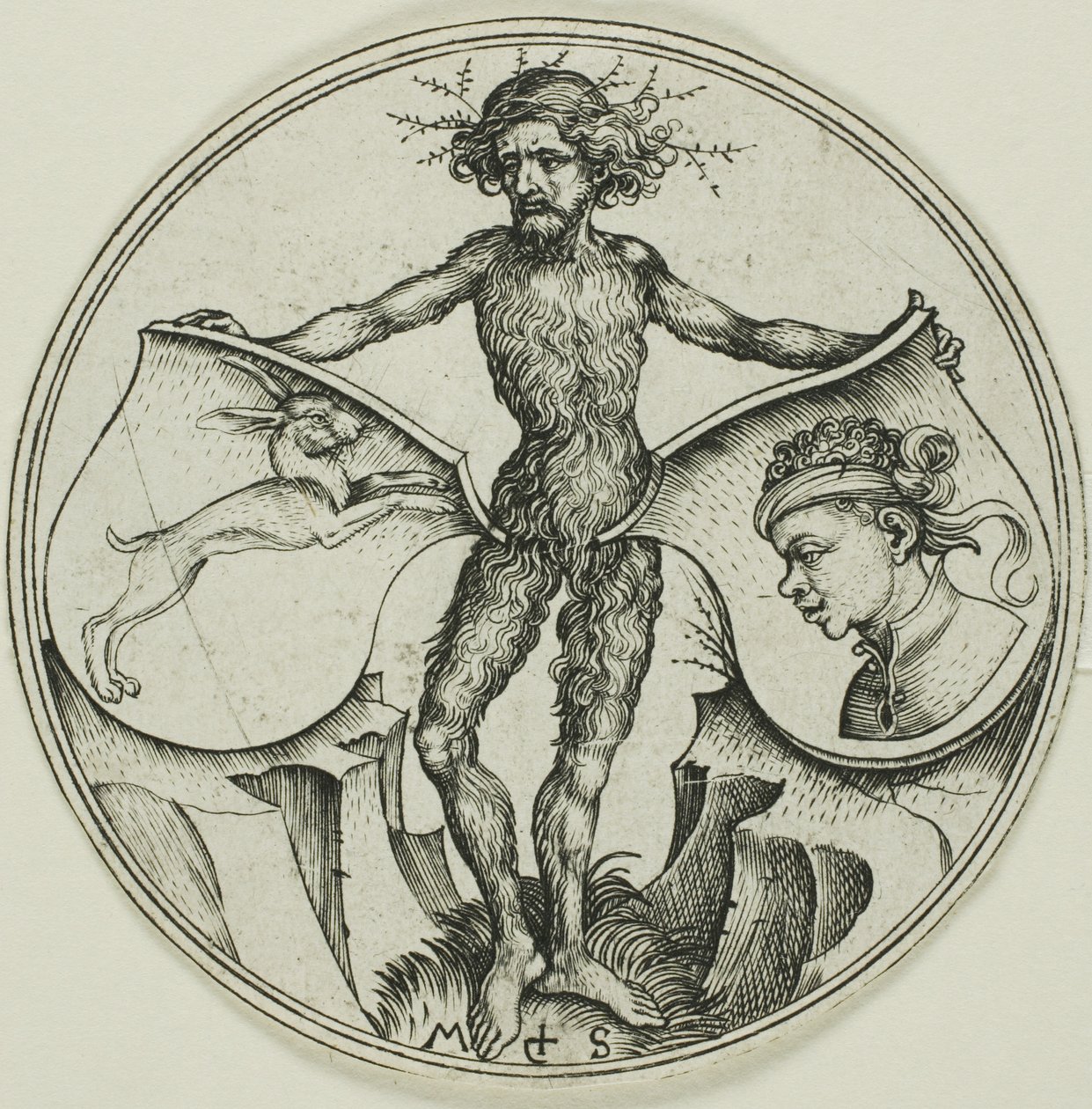 Twee Schilden met een Haas en een Morenkop, vastgehouden door een Wildeman door Martin Schongauer
