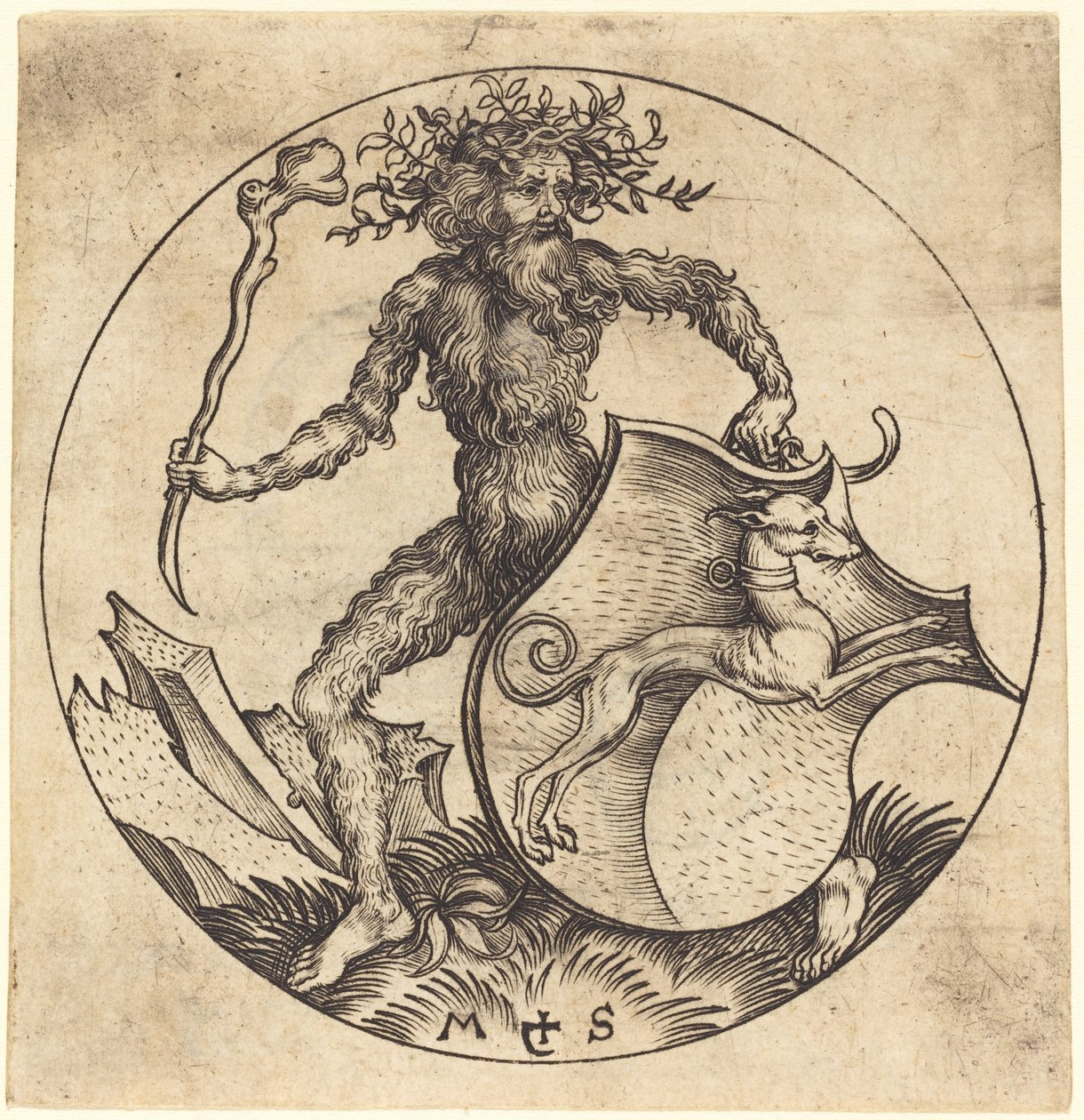Wilde Man met een Schild en een Windhond door Martin Schongauer