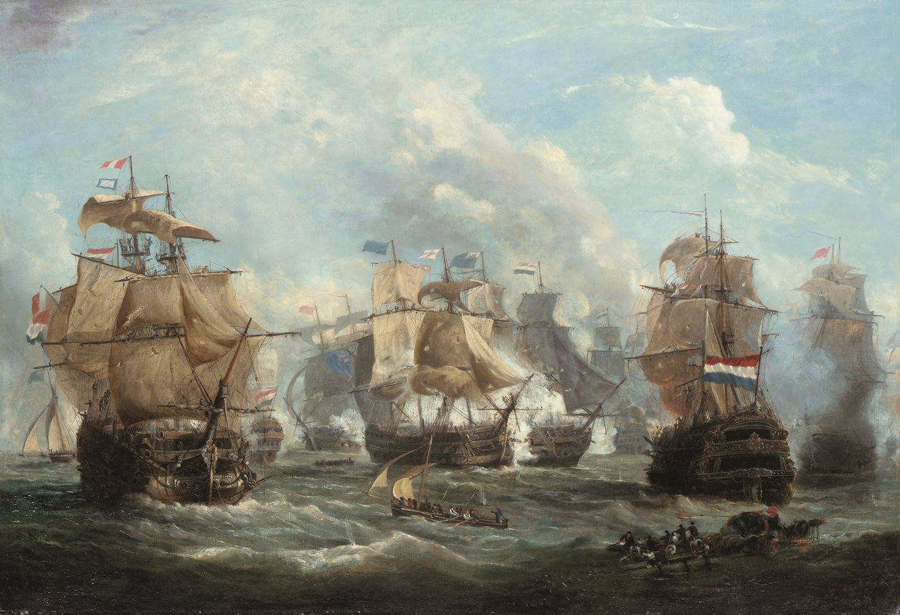 Het Engelse vlaggenschip Venerable in gevecht met het Nederlandse vlaggenschip Vrijheid bij de Slag bij Camperdown door Martin Schouman