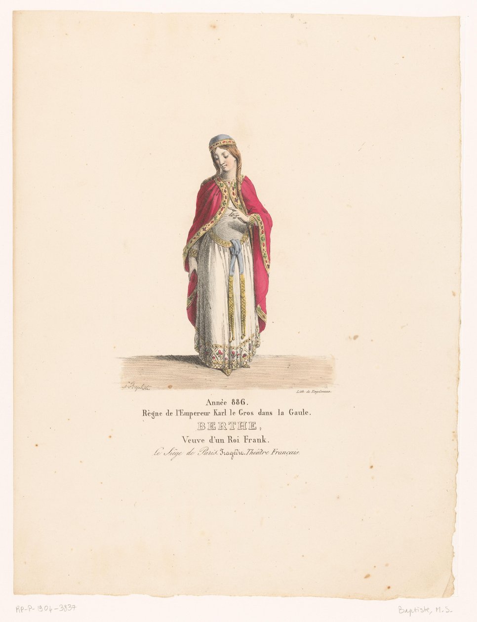 Kostuum van koningin Berthe uit de tragedie Le Siège de Paris door Martin Sylvestre Baptiste