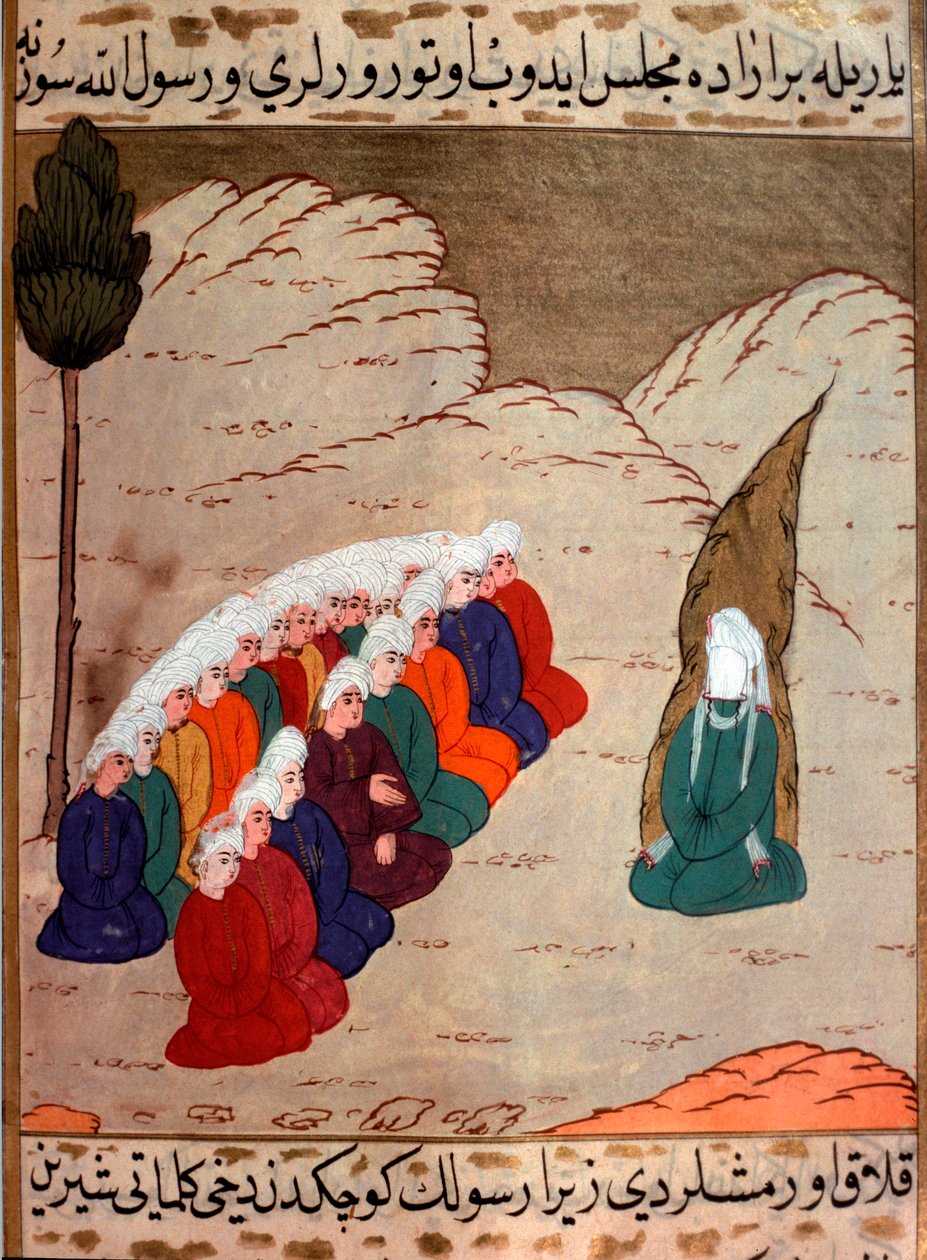 Voorstelling van de profeet Mohammed (570-632) (gezicht bedekt) die predikt tot leden van de stam van Abd al-Muttalib Miniatuur uit 