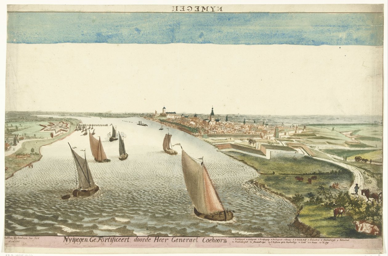 Gezicht op de vestingwerken bij Nijmegen aan de Waal door Martinus Berkenboom