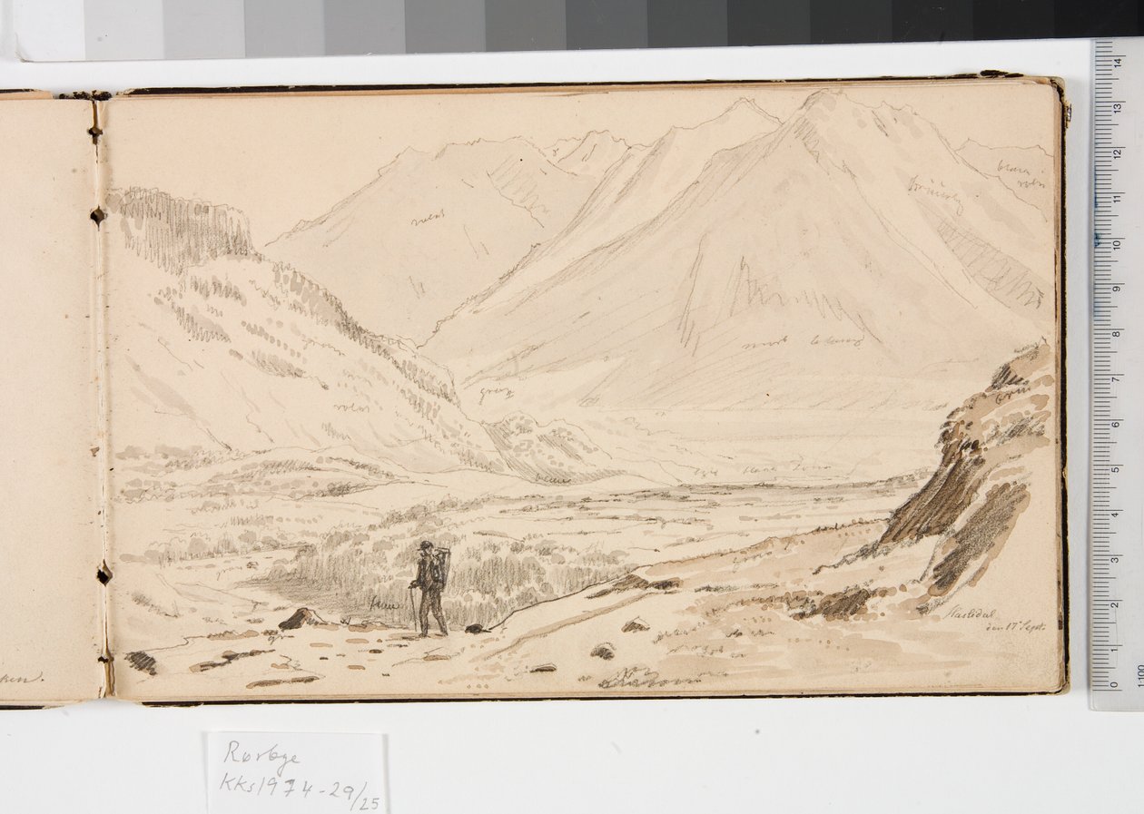 Berglandschap met drie mannen die in het gras rusten en twee vrouwen die een hakkebord bespelen door Martinus Rørbye