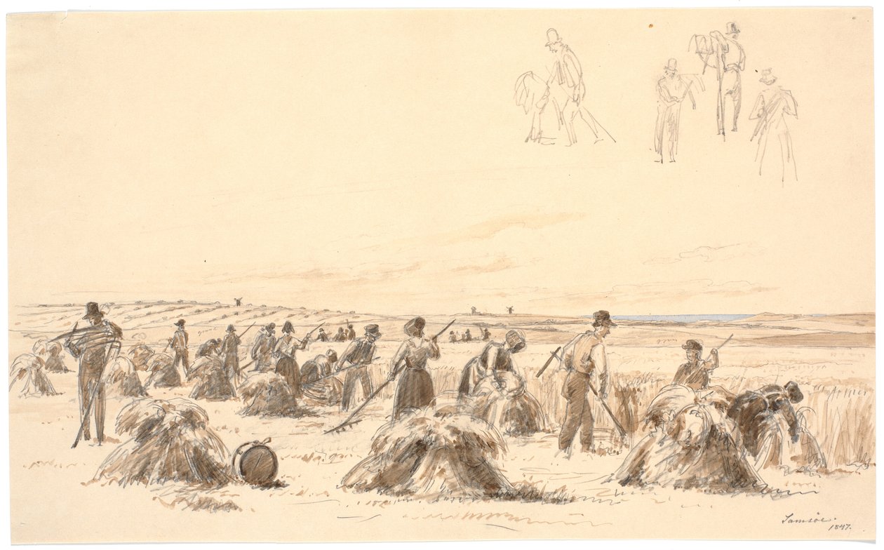 Oogstwerkers op het veld. Op de achtergrond molens en de zee door Martinus Rørbye