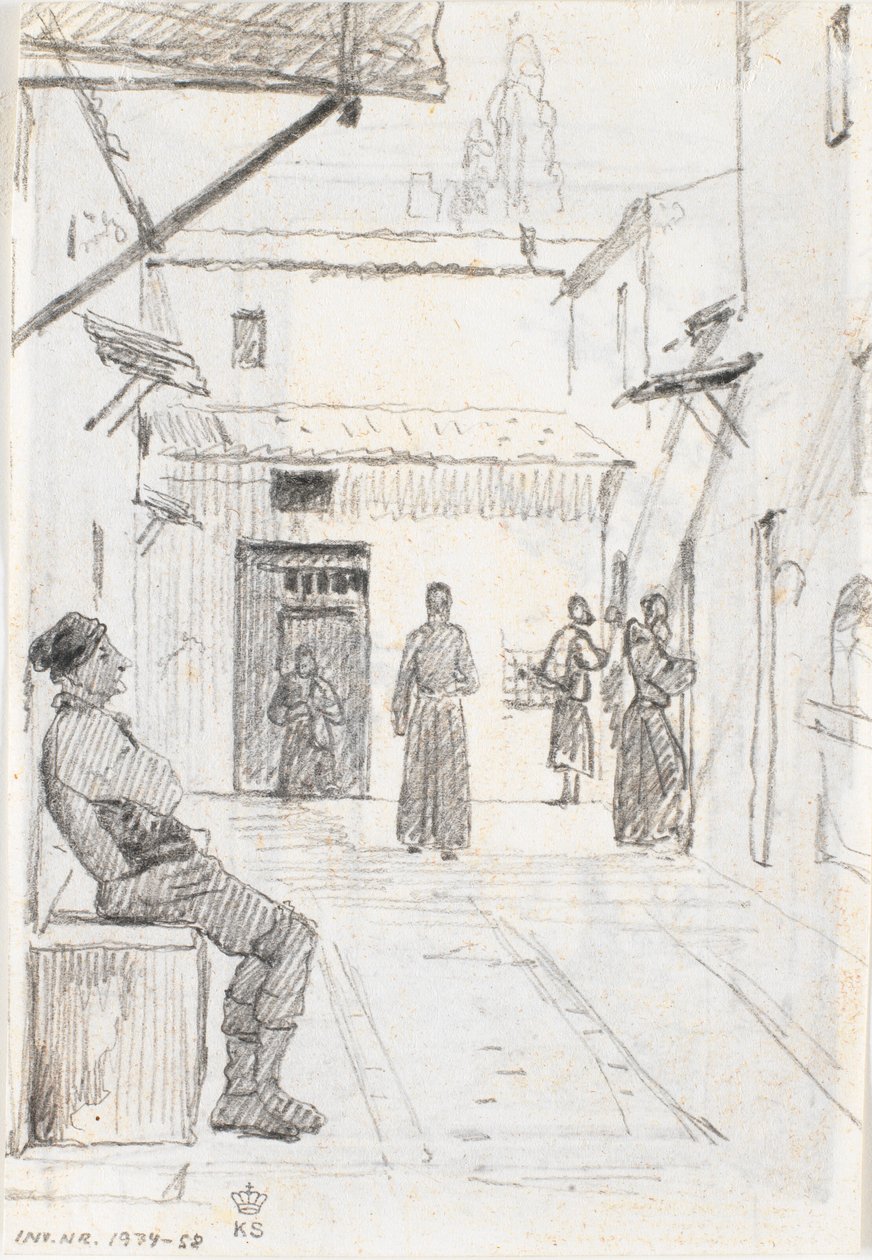 Italiaanse straat met een visser op de achtergrond door Martinus Rørbye