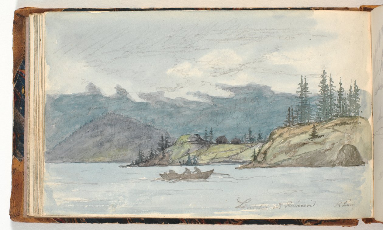 Meerlandschap met een roeiboot. Het fjord Krøderen, Noorwegen door Martinus Rørbye