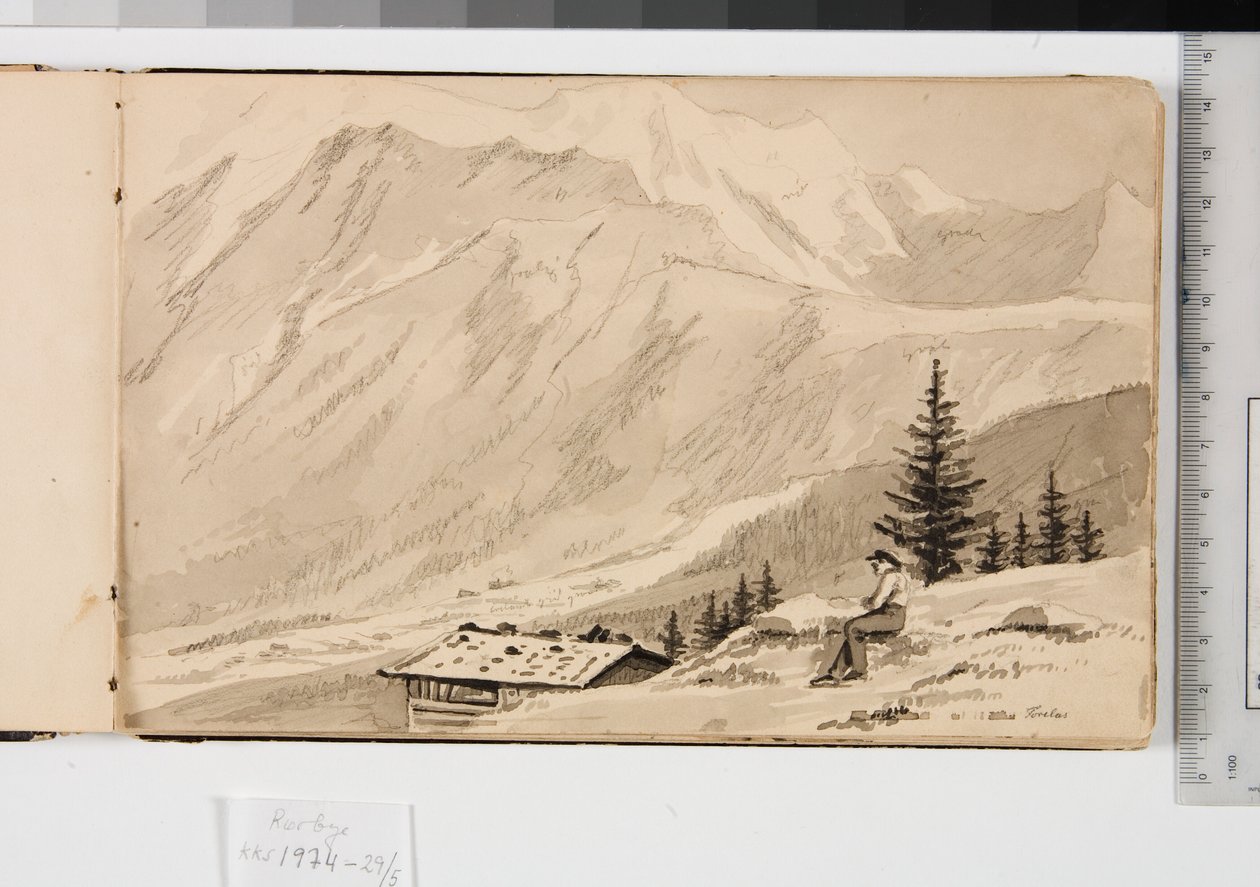 Landschap bij Chamonix, Frankrijk. Op de voorgrond een meer door Martinus Rørbye