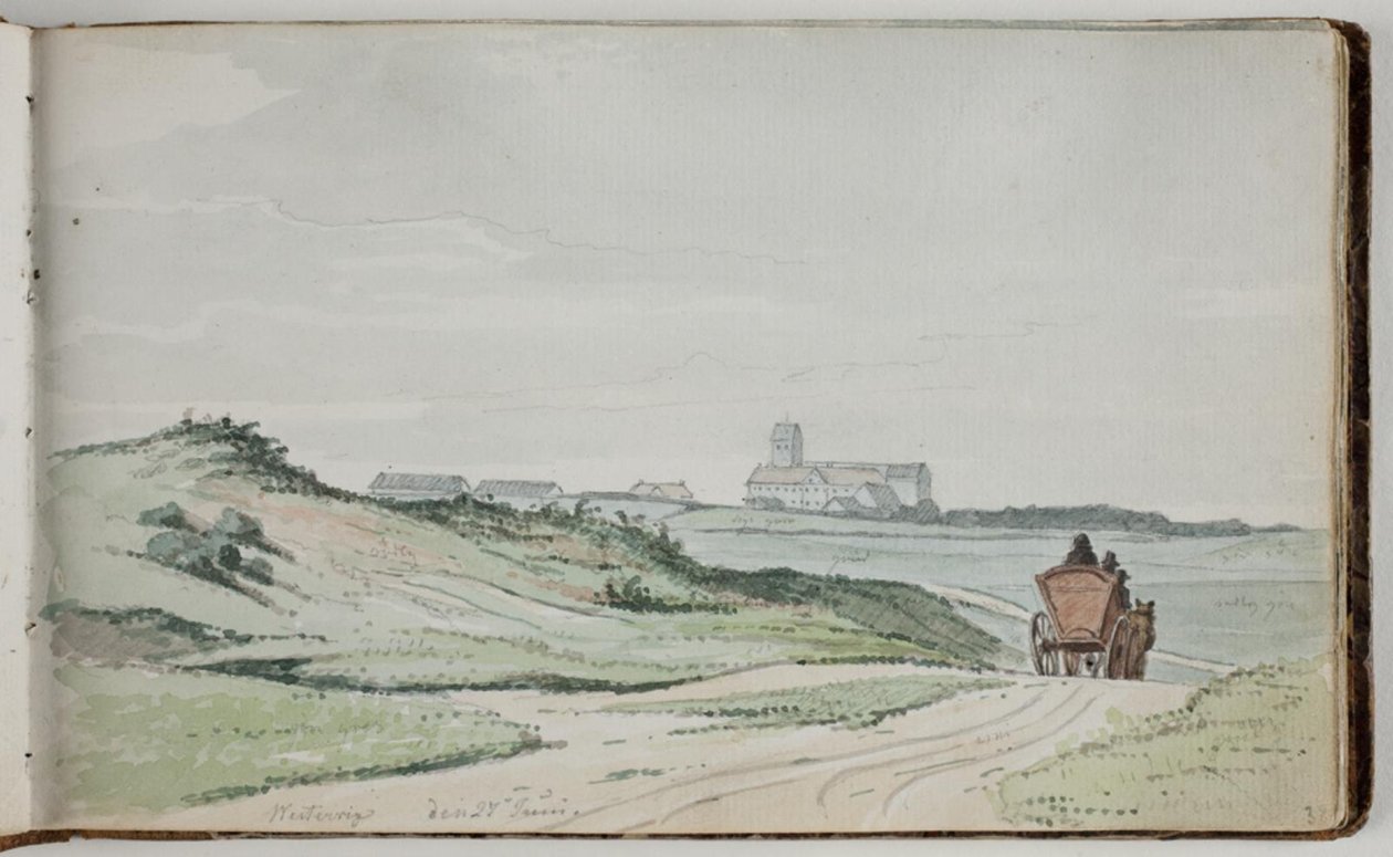 Uitzicht op een landschap. Op de voorgrond een veldweg met een paardenwagen; op de achtergrond huizen en een kerk door Martinus Rørbye