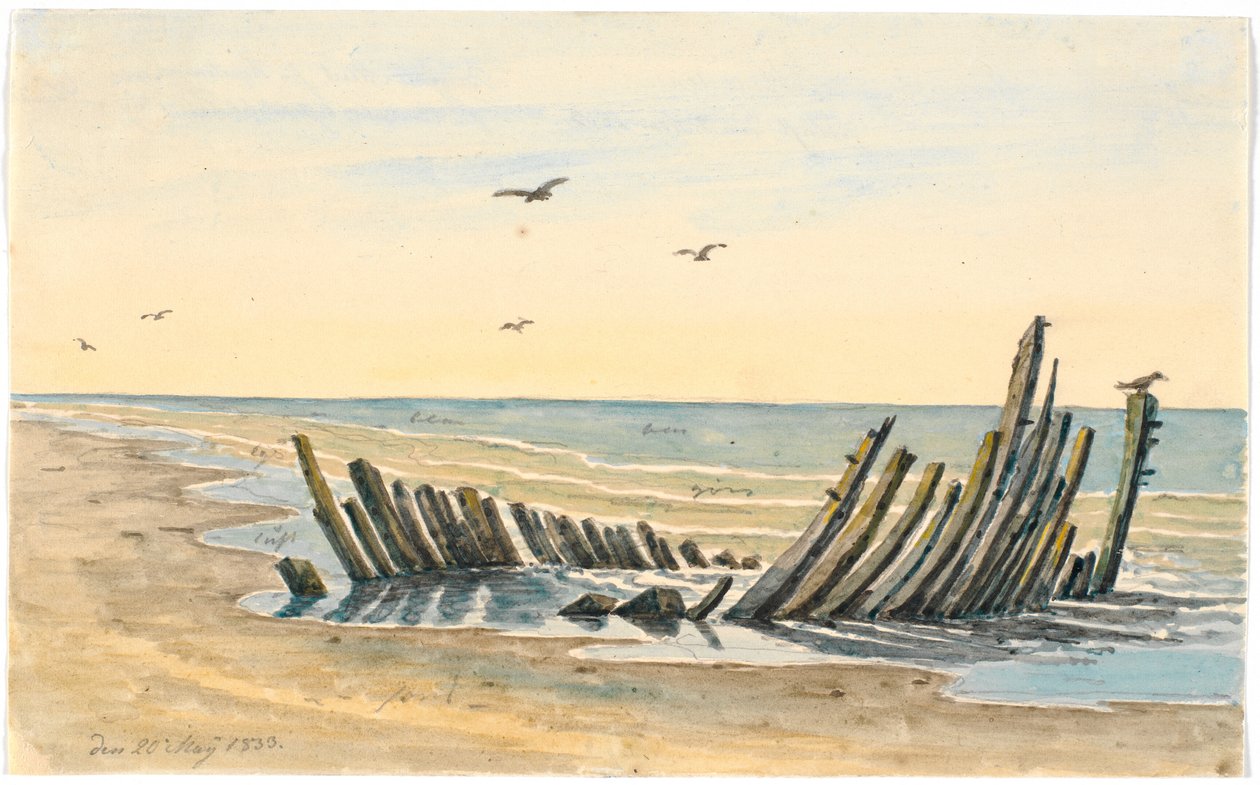 Wrak op het strand Nordstranden, gezonken op 9 mei 1832 door Martinus Rørbye