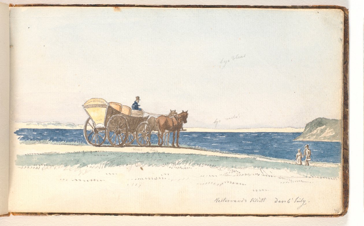 Een koets op een duin bij het water; 2 mensen lopen naar de koets door Martinus Rørbye
