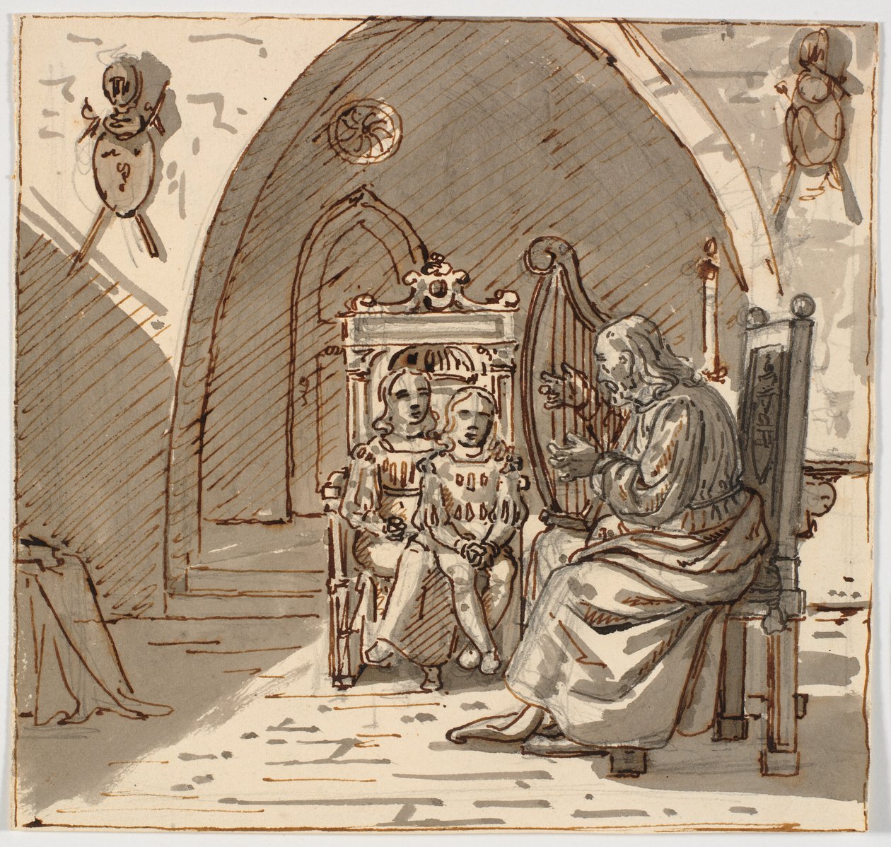 Gotische scène. Een bard speelt harp voor twee kinderen in een troonstoel door Martinus Rørbye