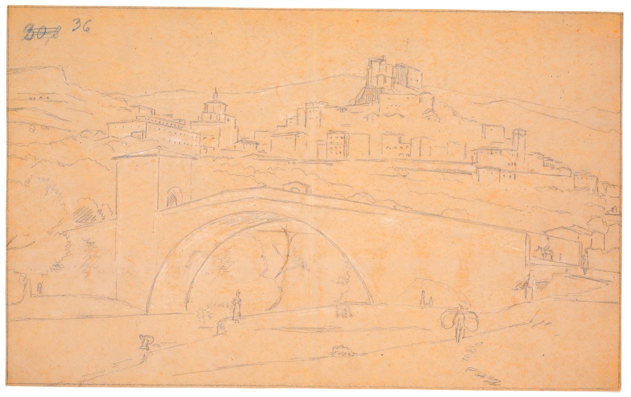 Italiaans landschap met een brug over een rivier en de stad Subiaco op de achtergrond door Martinus Rørbye