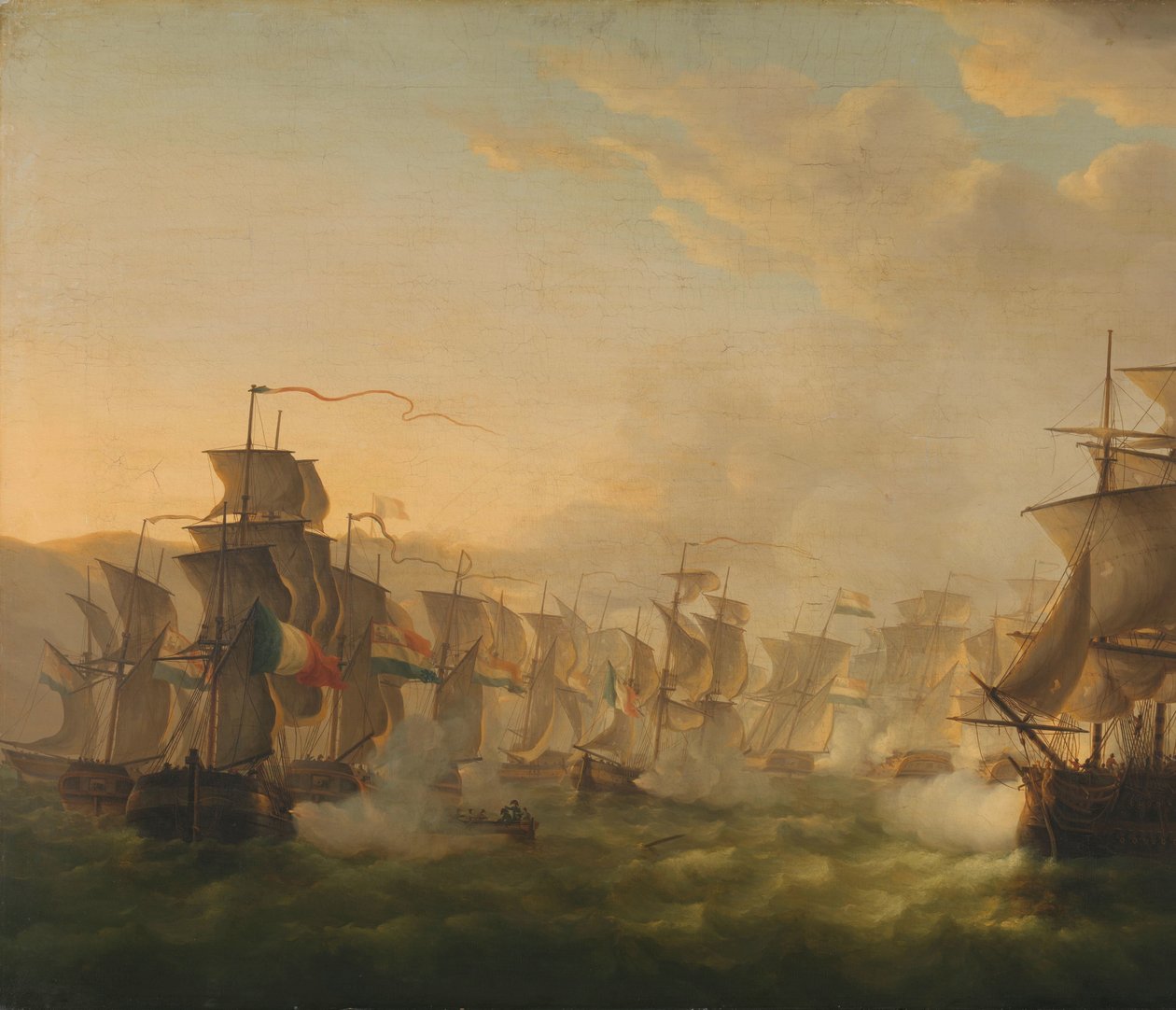 Botsing van de Nederlandse en Britse vloten tijdens de passage van het Nederlandse flottielje naar Boulogne (1804) door Martinus Schouman (signed by artist)