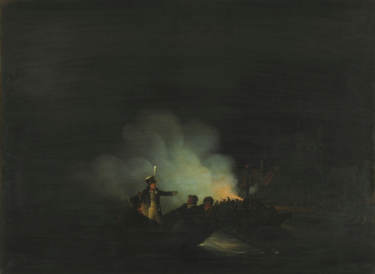 Dutch: De overtocht van Matthijs Beelaerts, commandant van de Nationale garde, naar Papendrecht in de nacht van 22 november 1813 door Martinus Schouman