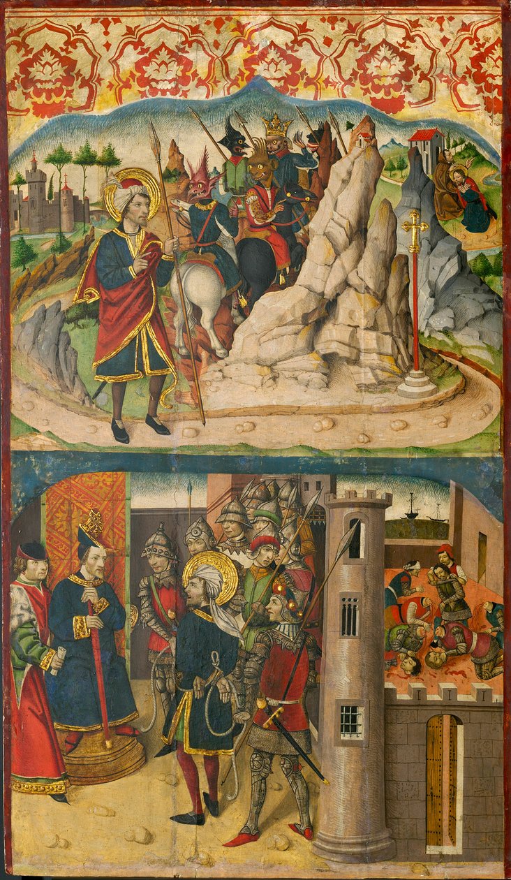 Sint Christoffel ontmoet Satan; Sint Christoffel voor de koning van Lycië door Martín de Soria