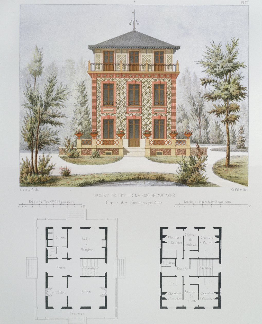 Project voor een klein landhuis nabij Parijs, gegraveerd door Walter, plaat 18 uit Architecture Pittoresque et Moderne door Marty