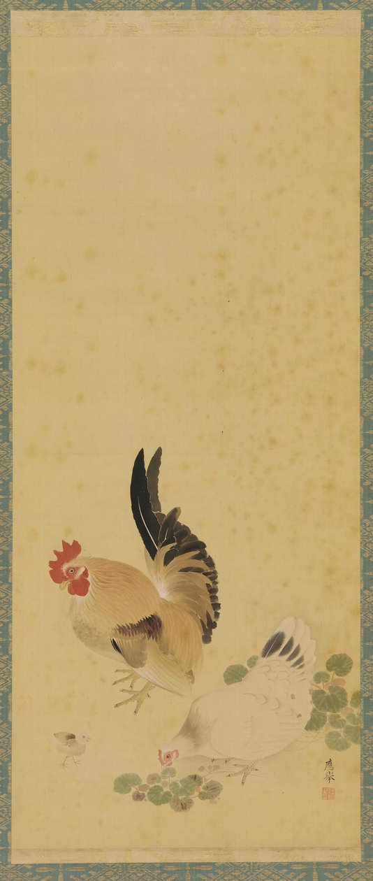 Haan, hen en kuiken, Edo-periode door Maruyama Okyo