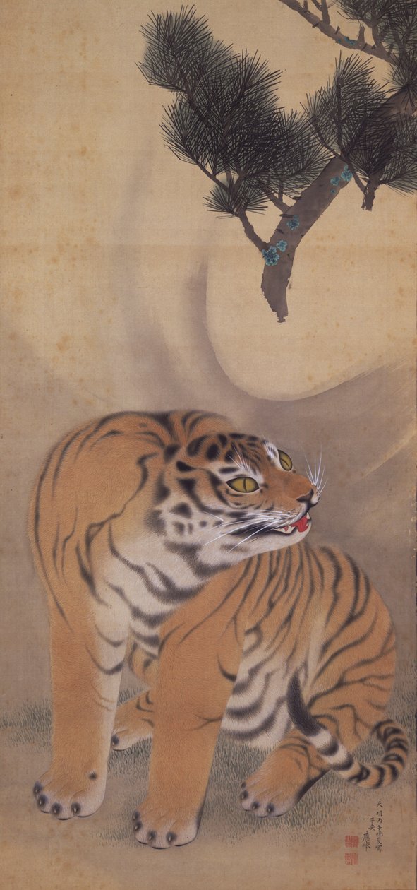 Tijger die wind veroorzaakt met zijn gebrul door Maruyama Okyo