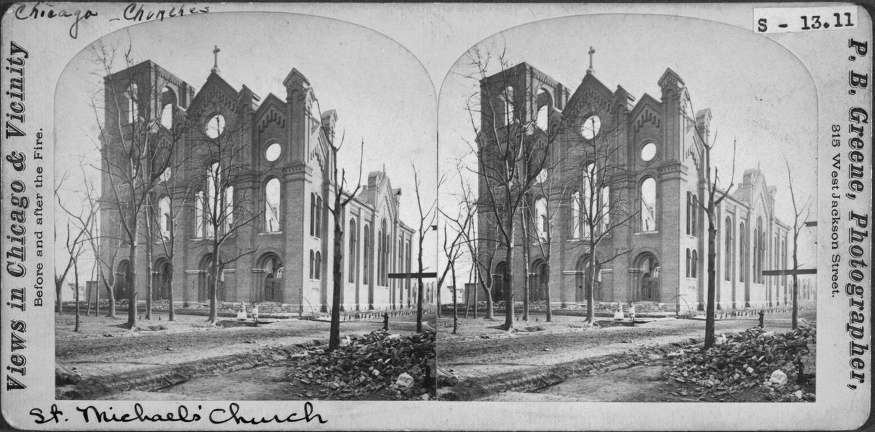Stereograaf van St. Michaels Church na de Chicago-brand van 1871, 1871 door Mary C. Greene