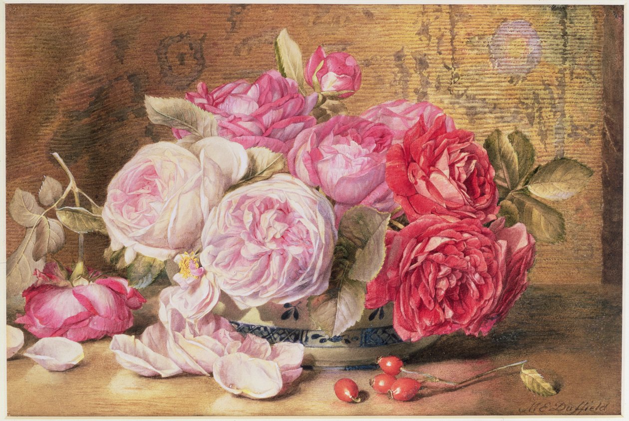 Roze en rode rozen in een kom door Mary Elizabeth Duffield