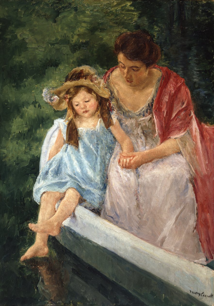 Moeder en kind in boot door Mary Cassatt