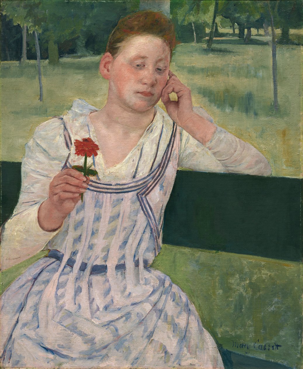 Vrouw met een rode zinnia door Mary Cassatt