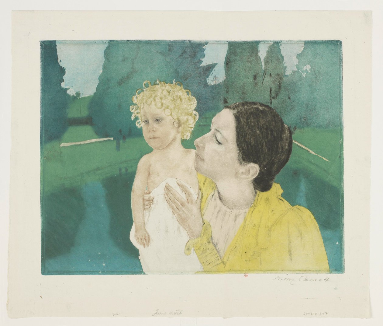 Jonge moeder in een park voor een bassin door Mary Cassatt